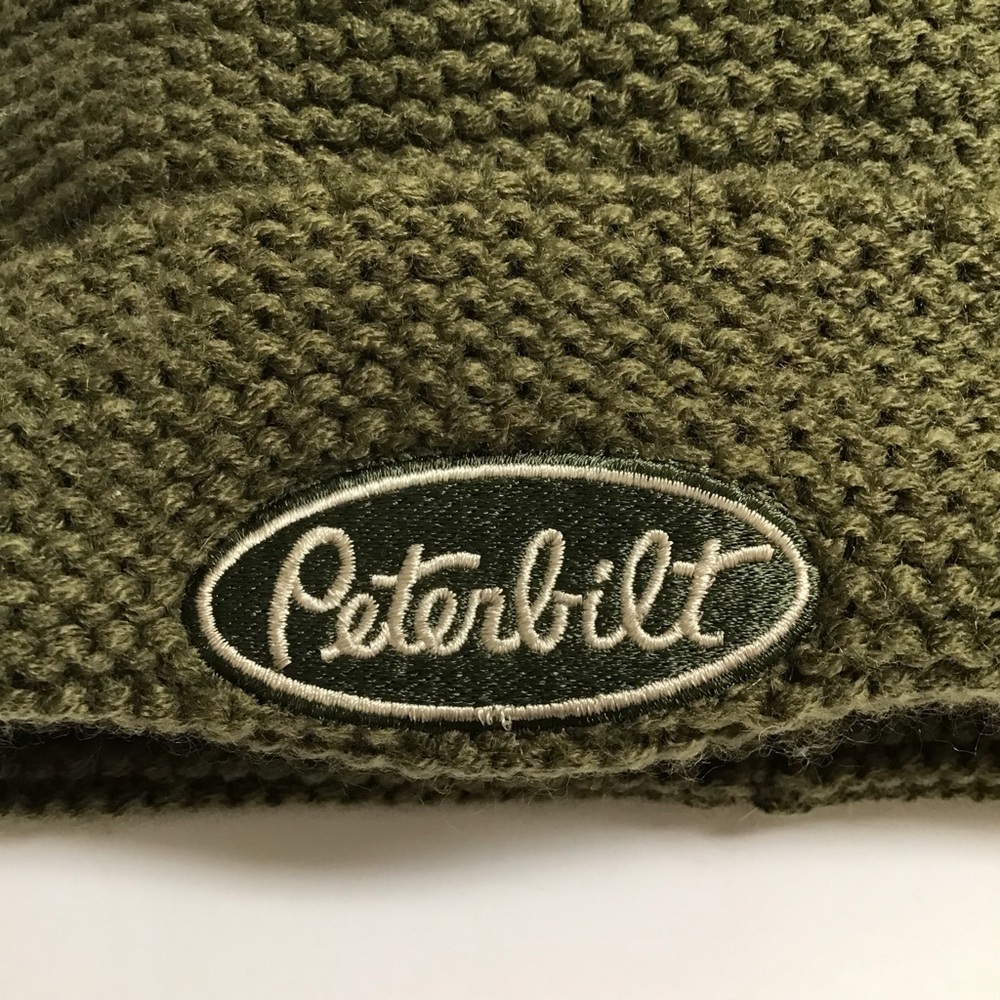 Peterbilt Big Rig Tractor Pom Knit Beanie Patch Ski Beach Skate Army Green VTG - Picture 3 of 10